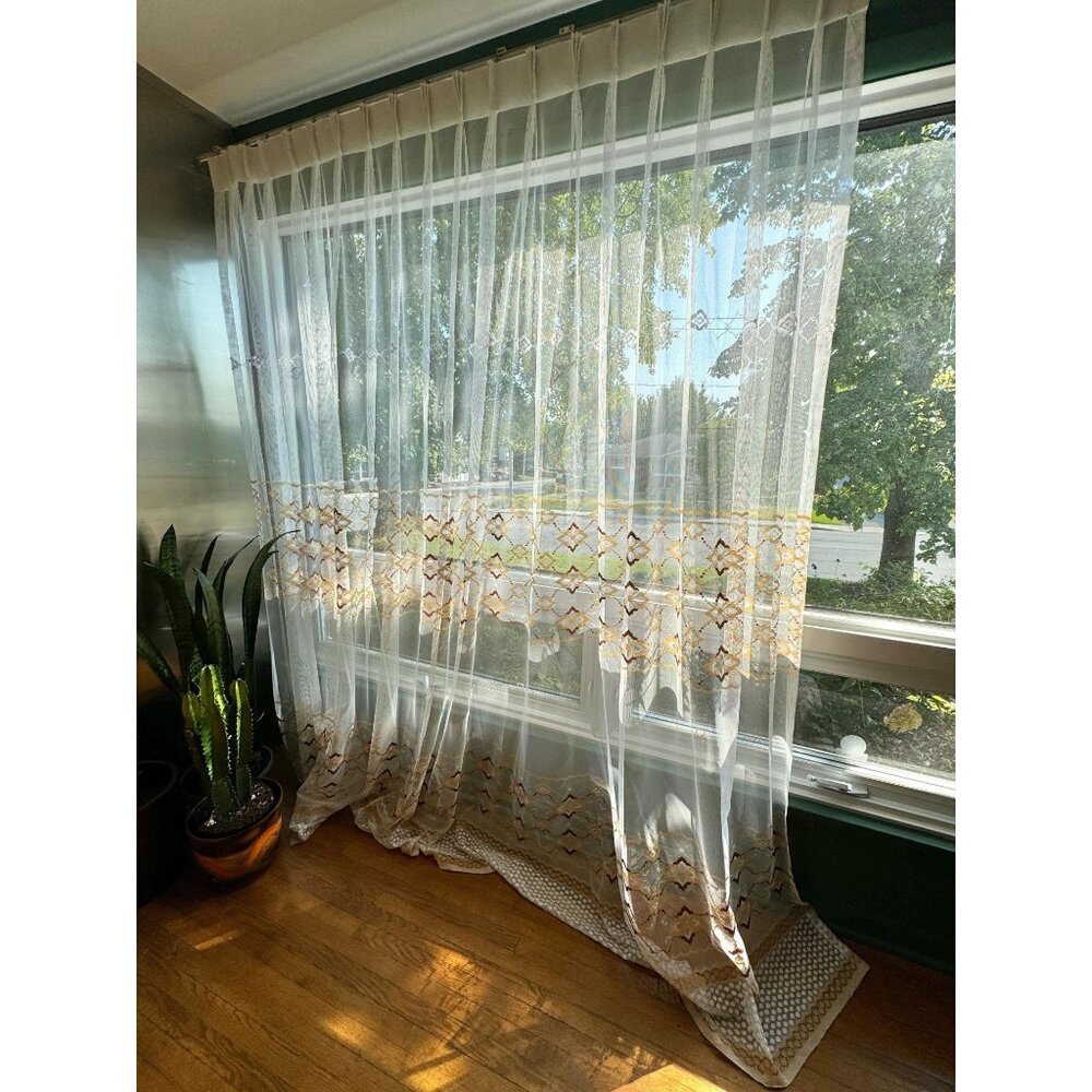 Vintage 70s curtain, white mesh, brown tan embroidered groovy, single panel
